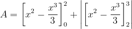 \dpi{120} A=\left [x^{2}-\frac{x^{3}}{3} \right ]_{0}^{2}+\left |\left [x^{2}-\frac{x^{3}}{3} \right ]_{2}^{3} \right |
